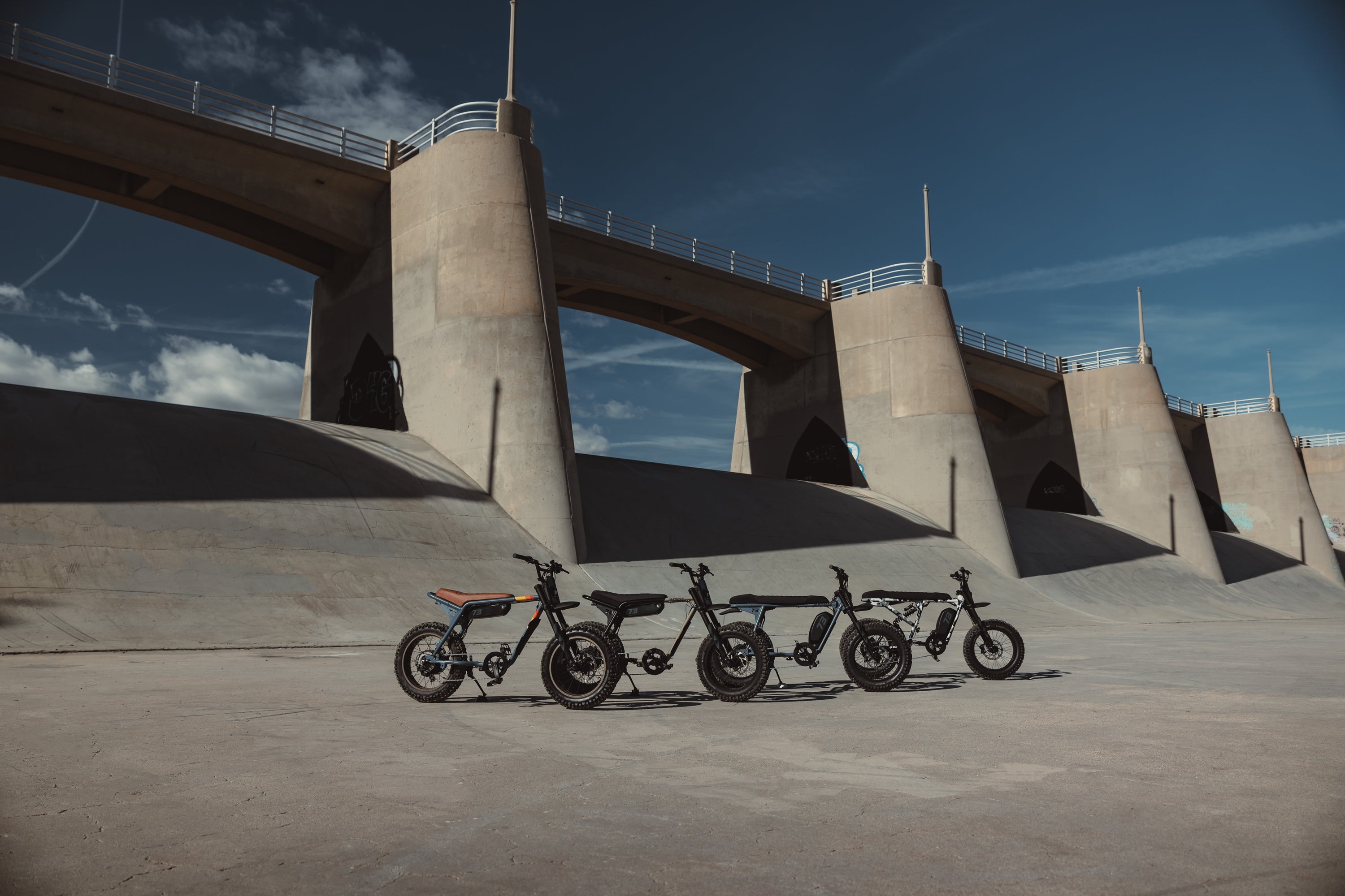 Lifestyle image of all the Super73 Adventure electric bikes.