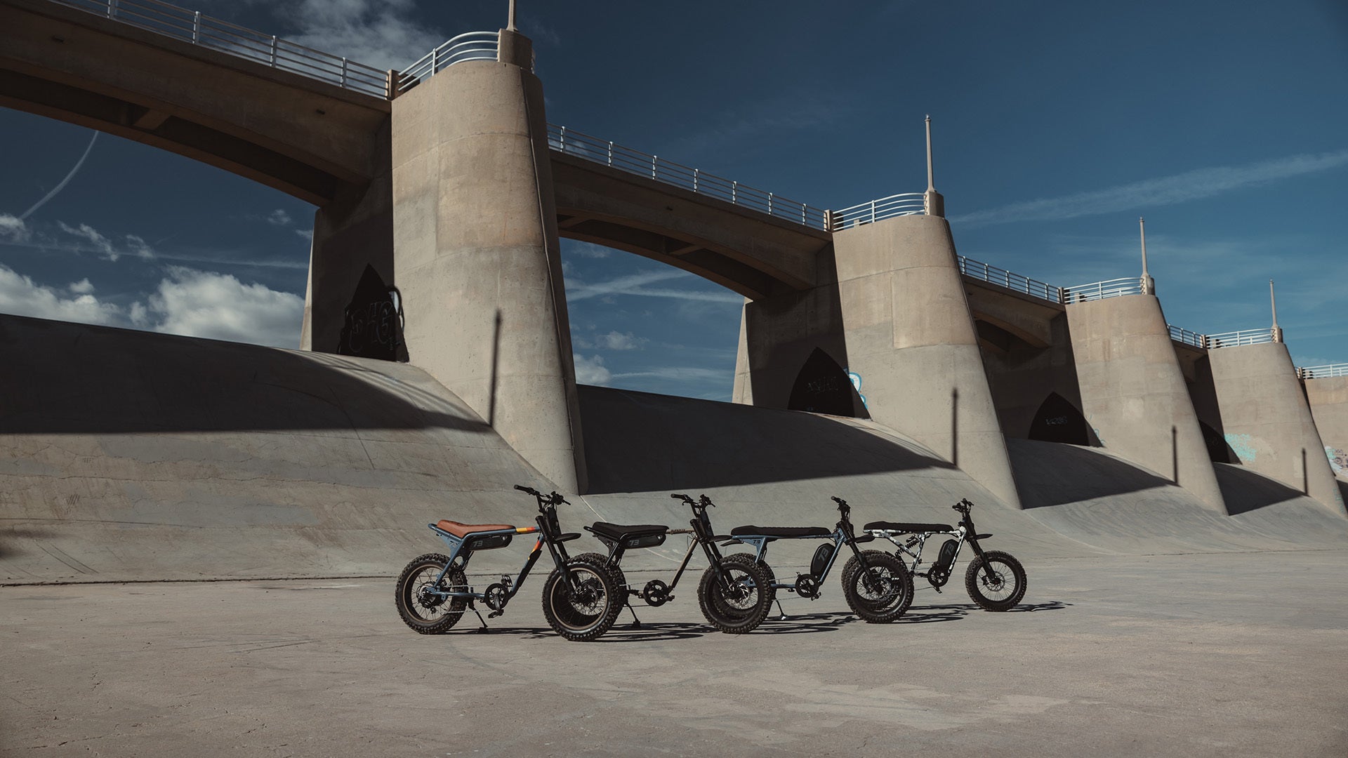 Super73 Adventure series lineup in concrete landscape