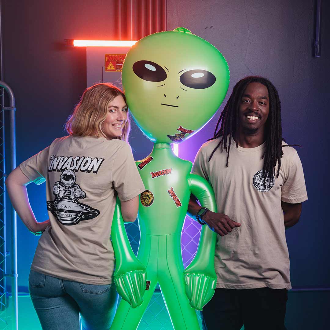 Front view image of The E-Tee T-Shirt on female and male models.
