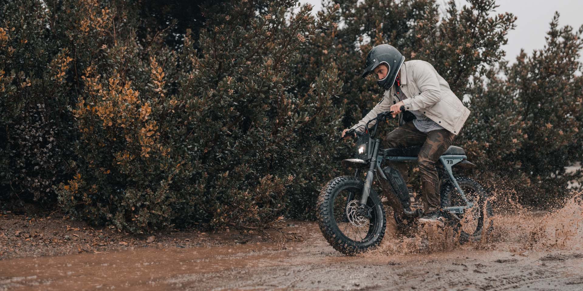 Rider skidding through the mud on a Super73 Adventure Series bike