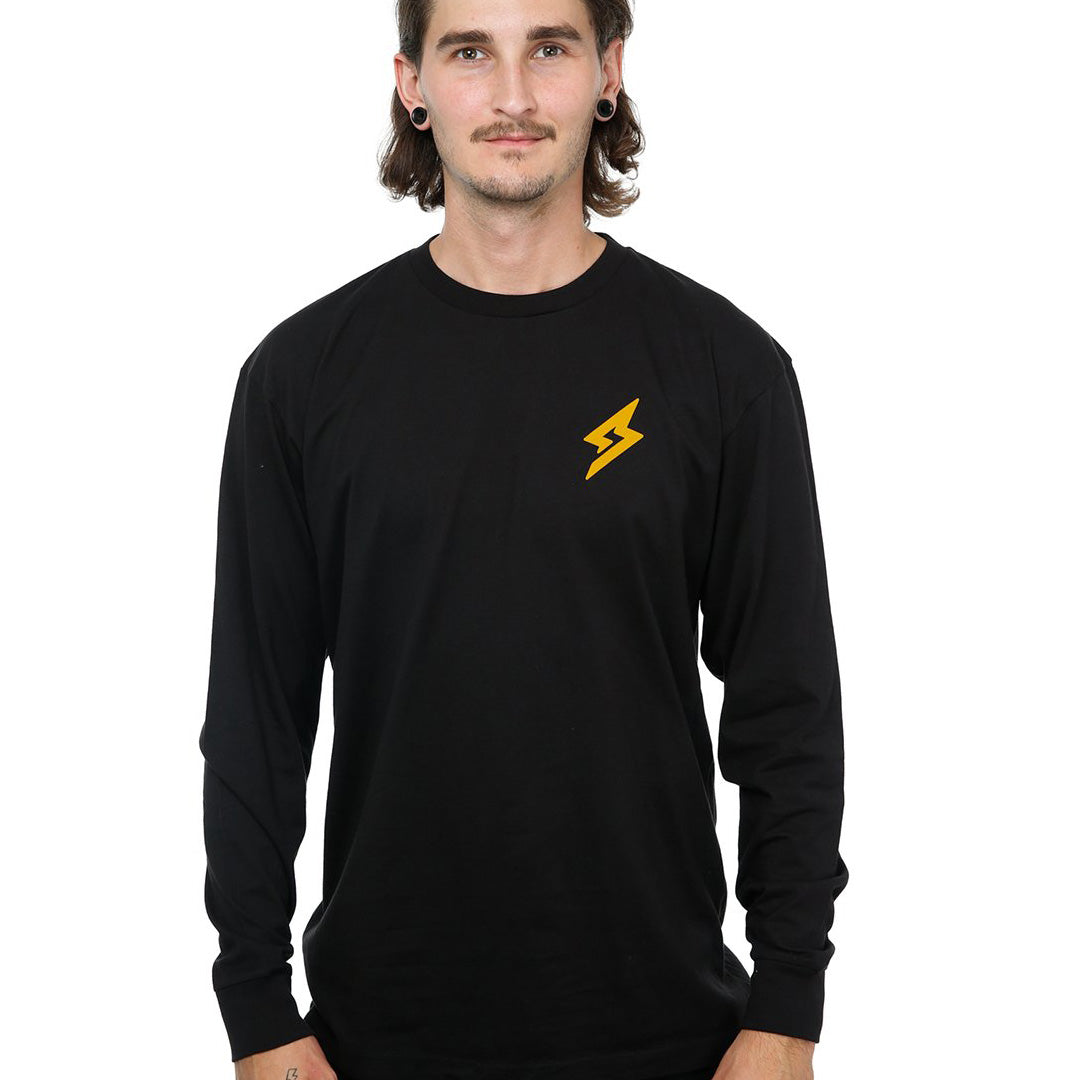 Front view of male model in Black Adventure Long Sleeve T-Shirt on white background.
