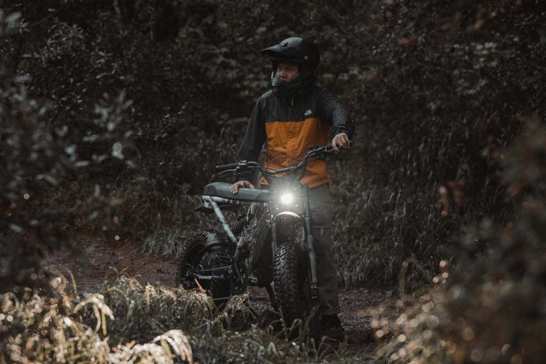 Super73 ebike rider posing outdoors with a Super73 Adventure Series ebike