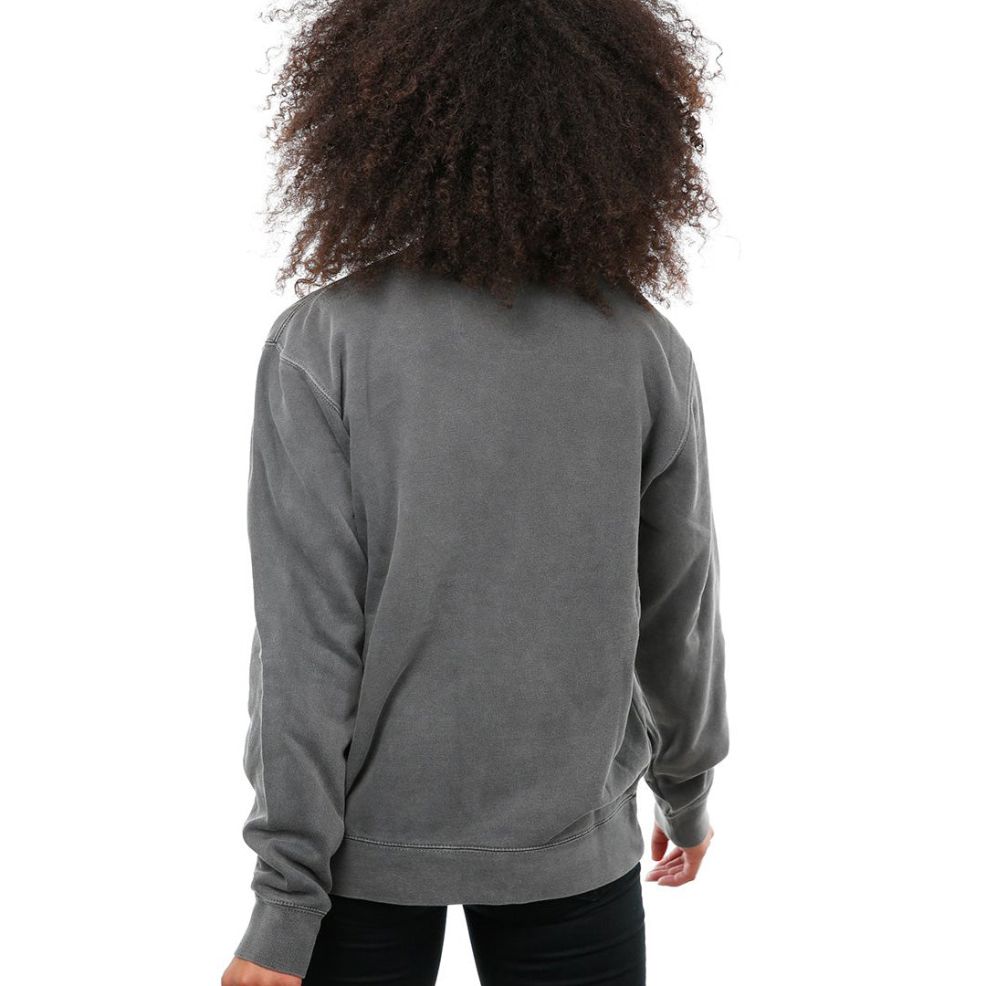 Back view of female model in Pigment Black Classic Crew Sweatshirt on white background.