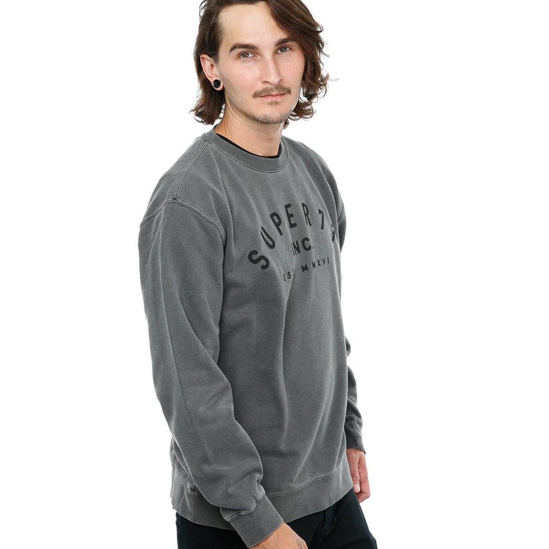Side view of male model in Pigment Black Classic Crew Sweatshirt on white background.