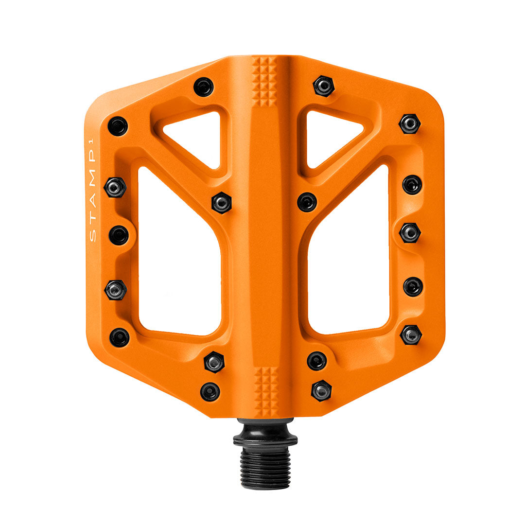 Orange CrankBros Stamp Pedal on white background