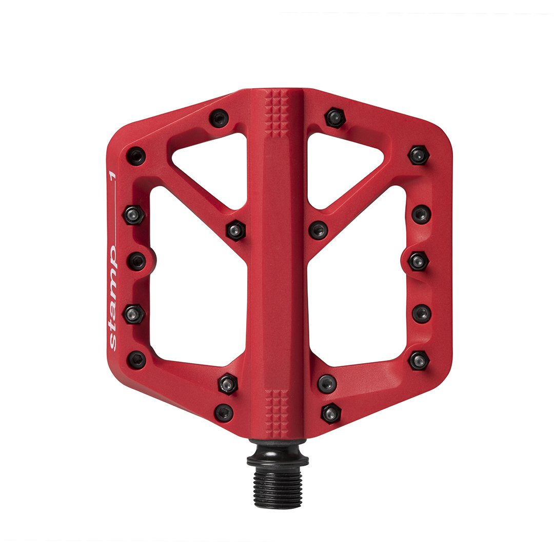 Red Crankbrothers Stamp 1 Pedal on white background.
