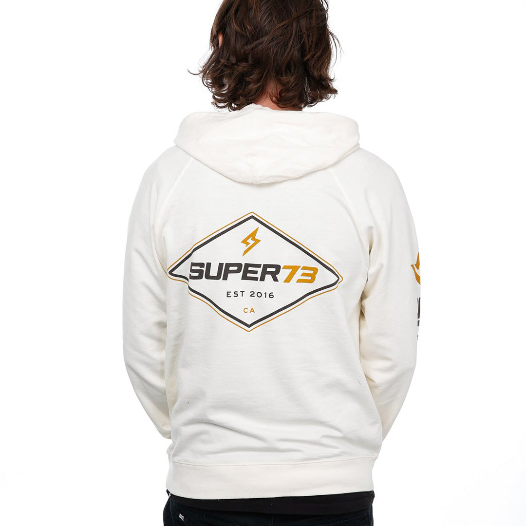Back view of male model in Diamond stone hoodie on white background.