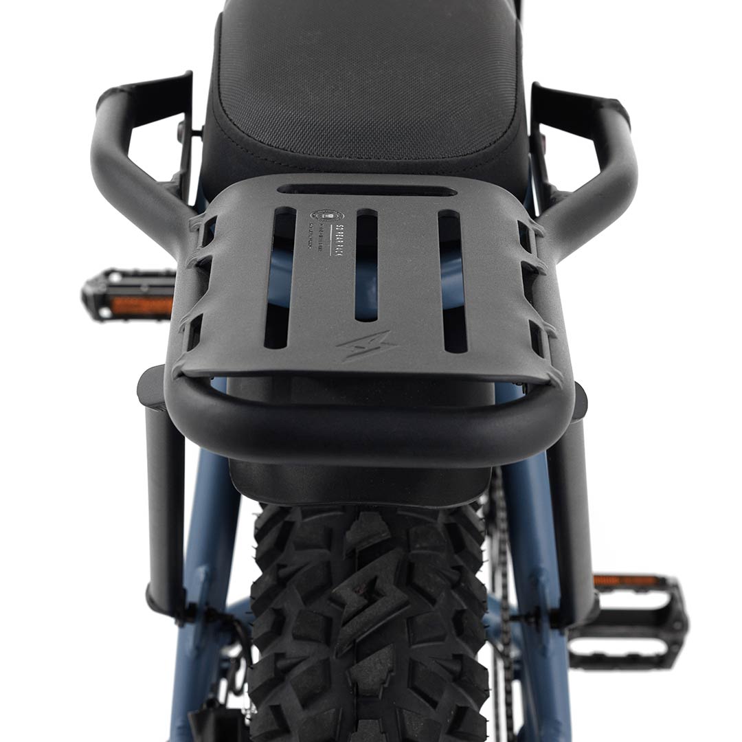 Rear view of Super73 S2 Rear Rack on bike with white background.