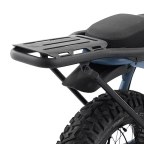 Close up rear angle view of Super73 S2 Rear Rack on bike with white background.
