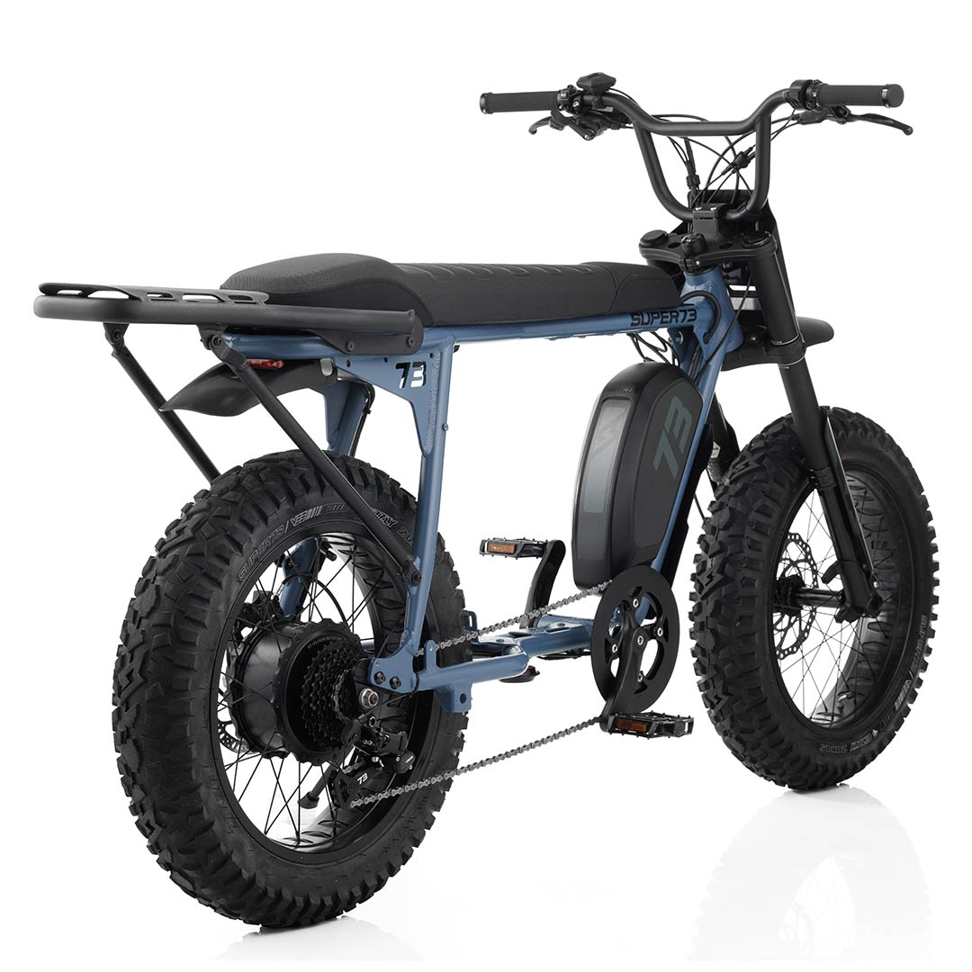 Rear angle view of Super73 S2 Rear Rack on full image bike with white background.