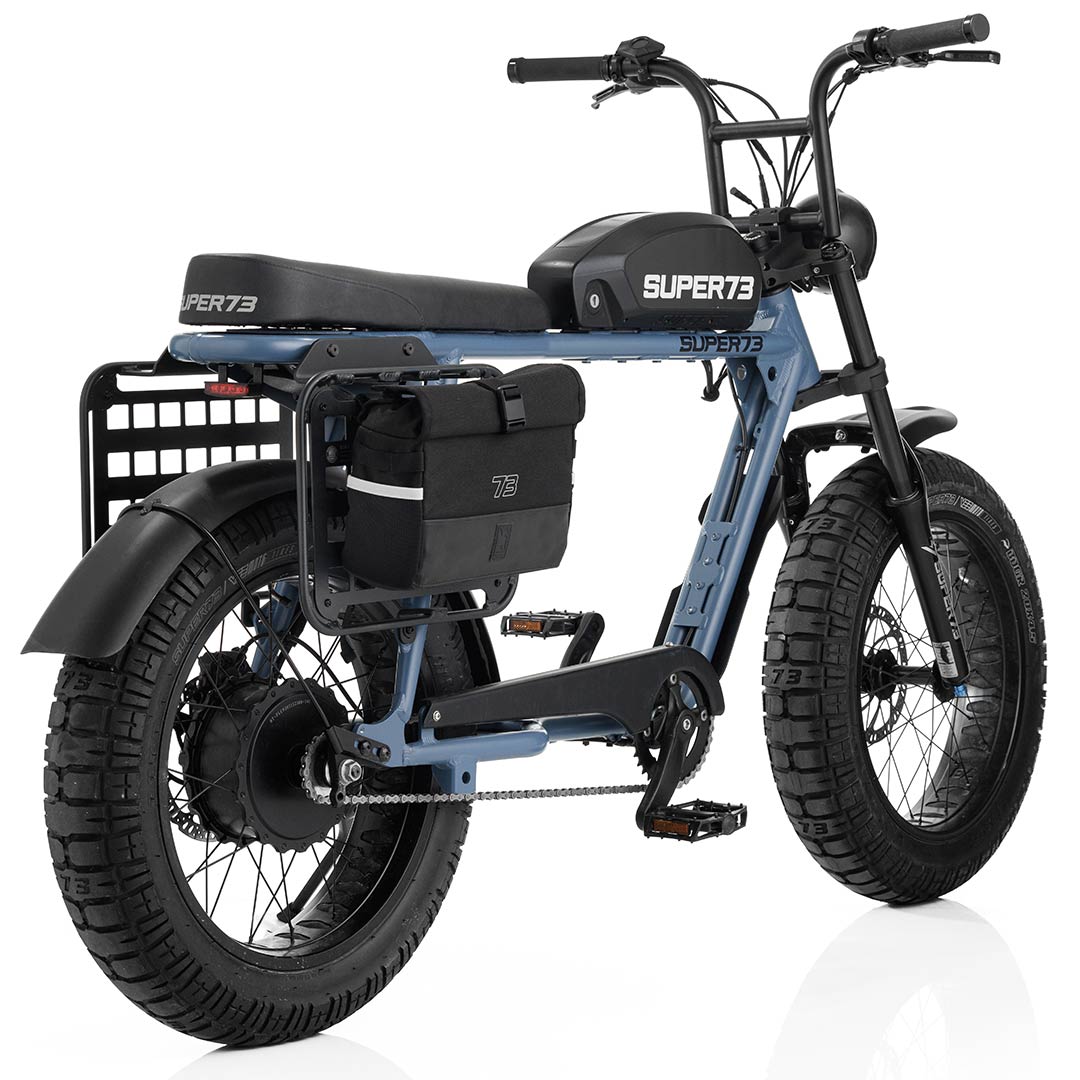Rear angle view of S2 Side Rack on full view ofSuper73 ebike set to white background.