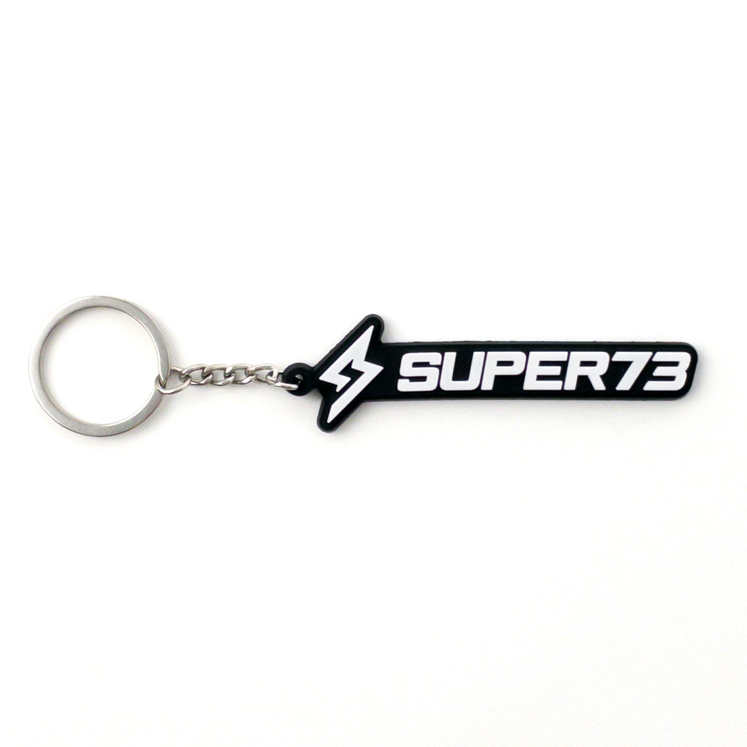 Front view of Super73 logo keychain.