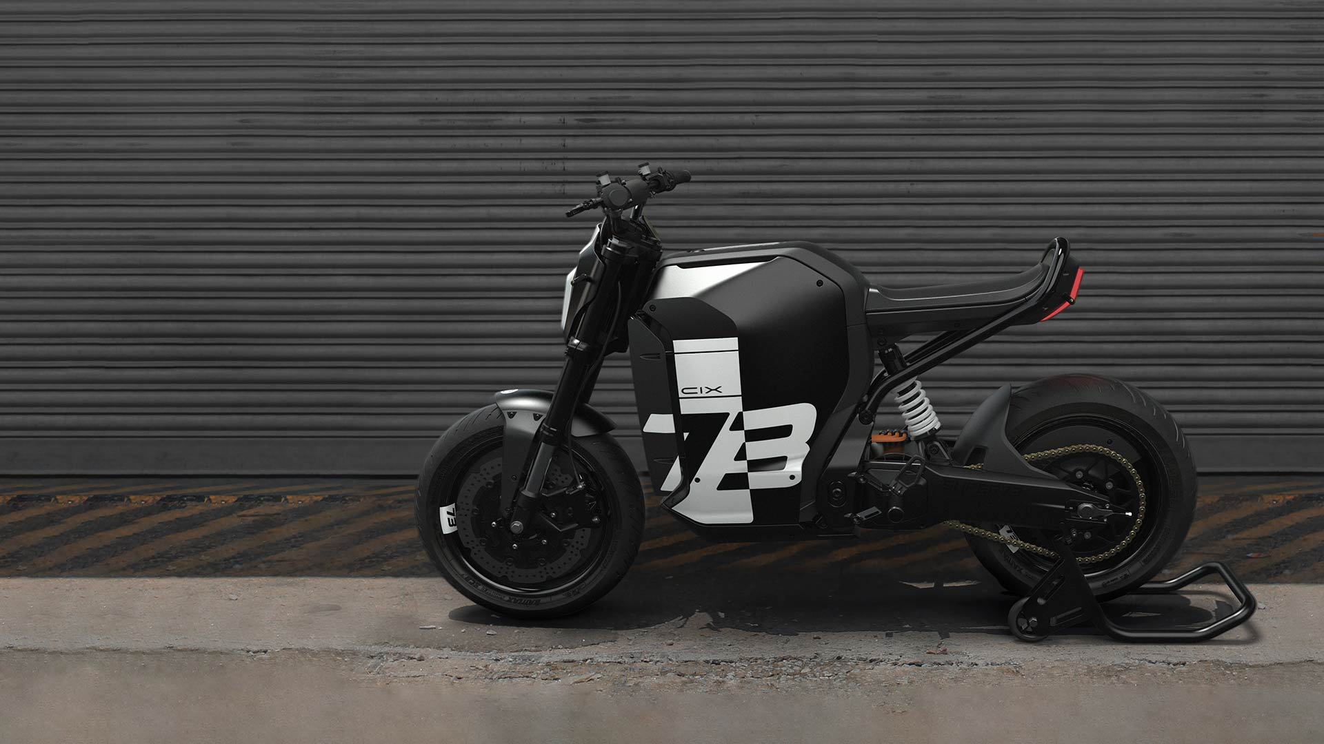 The SUPER73-C1X electric motorbike in an industrial setting