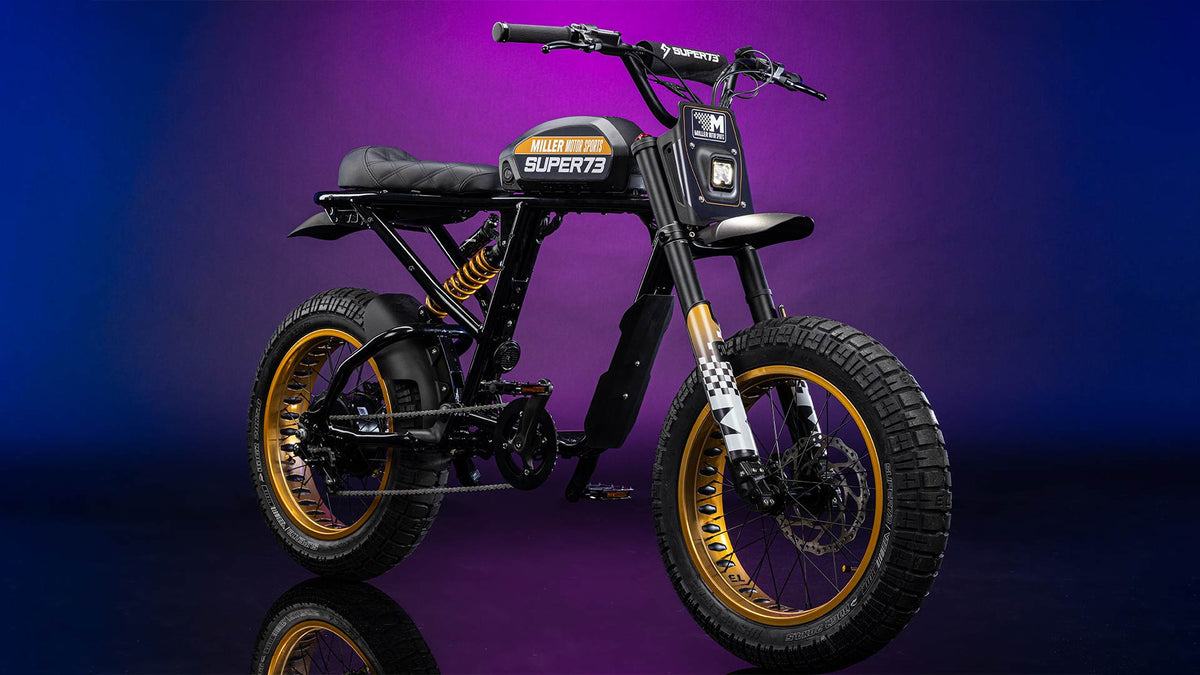 Super73 Noel Miller custom collab ebike in purple and blue studio shot