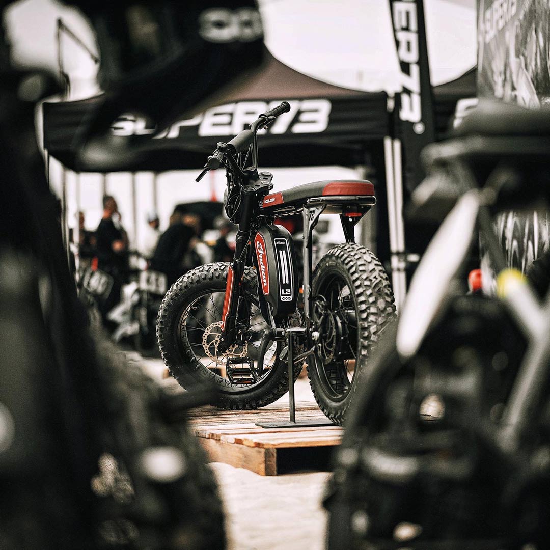 Focal zoom shot of Super73 Indian S2 ebike during bike show