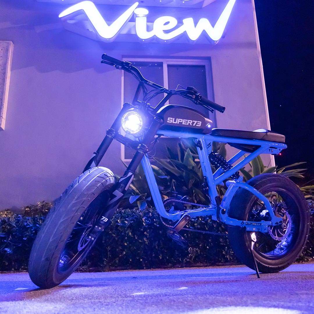 Super73 R Brooklyn ebike under neon lights