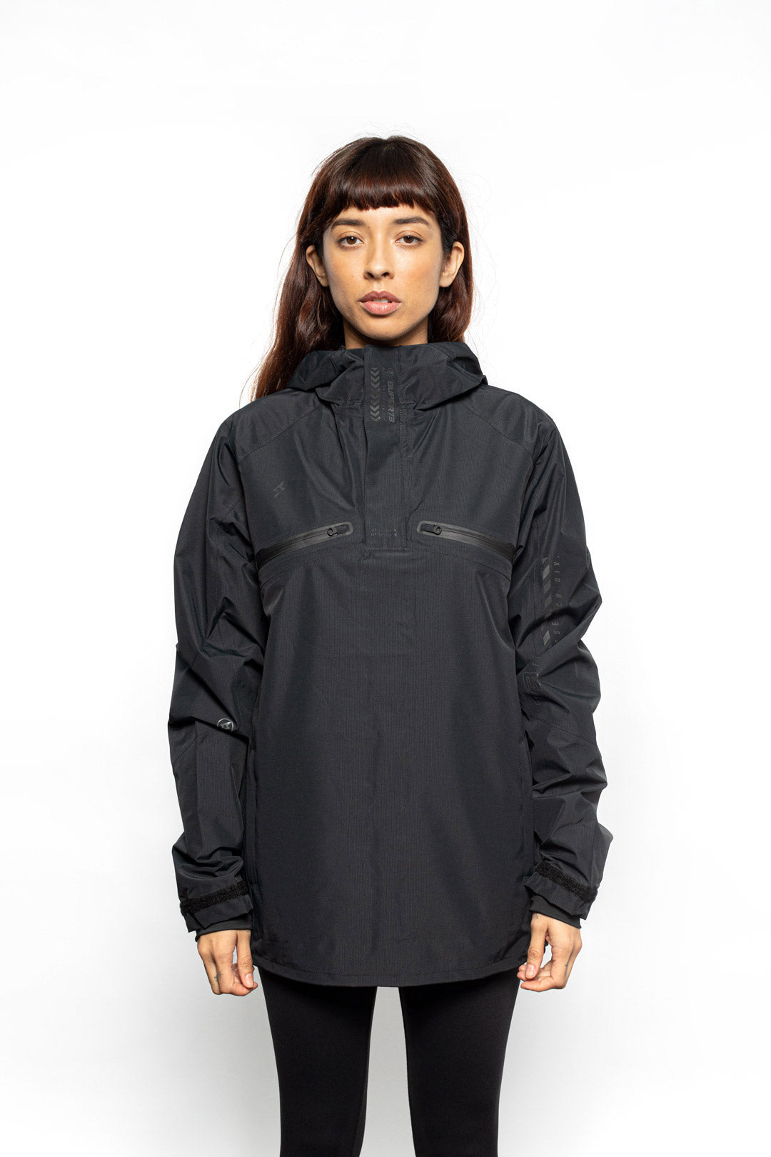 Female model wearing Royce Harrington Jacket in black colorway.