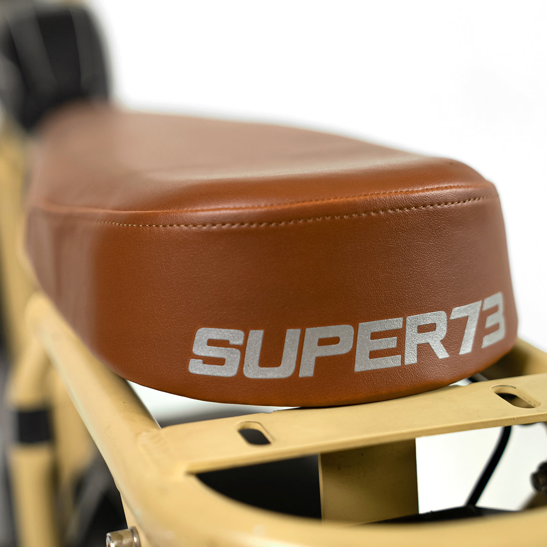 Closeup view of Tan 2-Up Seat on S1 model bike.