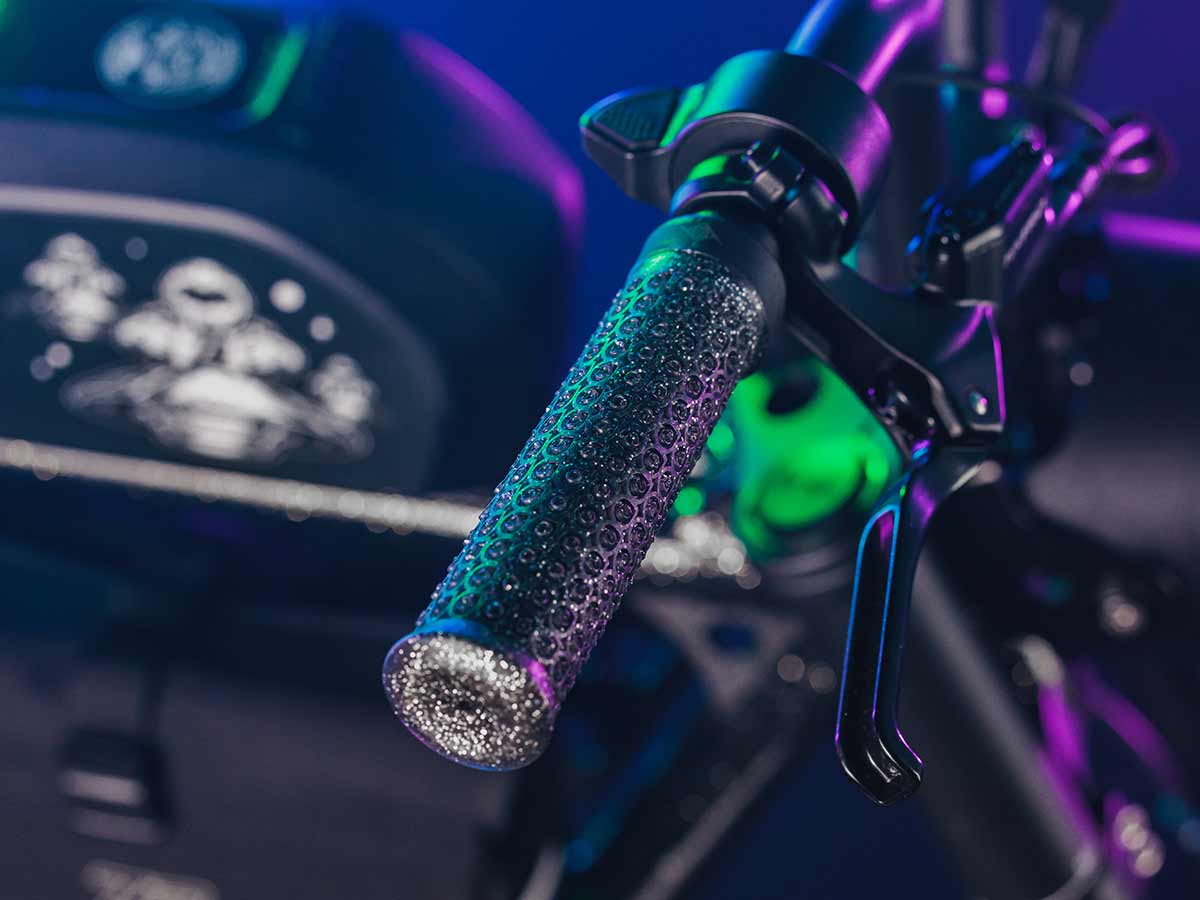 Custom shot of the black grips showing fine detail