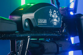 Closeup image of the SECTOR73 R Brooklyn CosmicDust bike Battery decals.