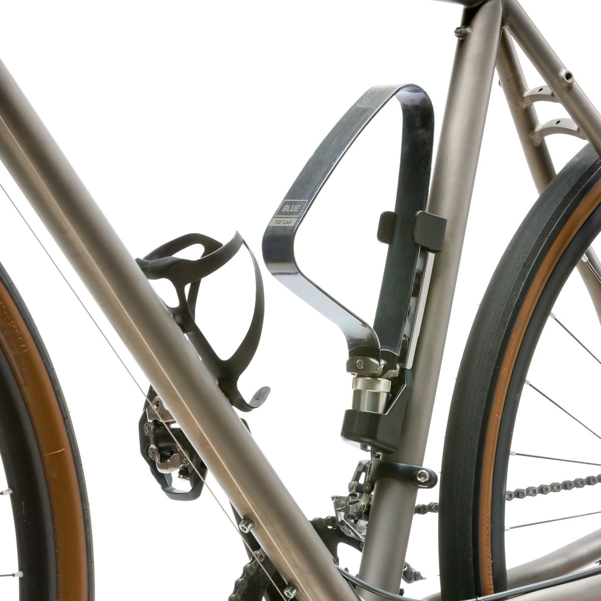 TiGr BLUE Mini lock parts mounted on bike on white background.