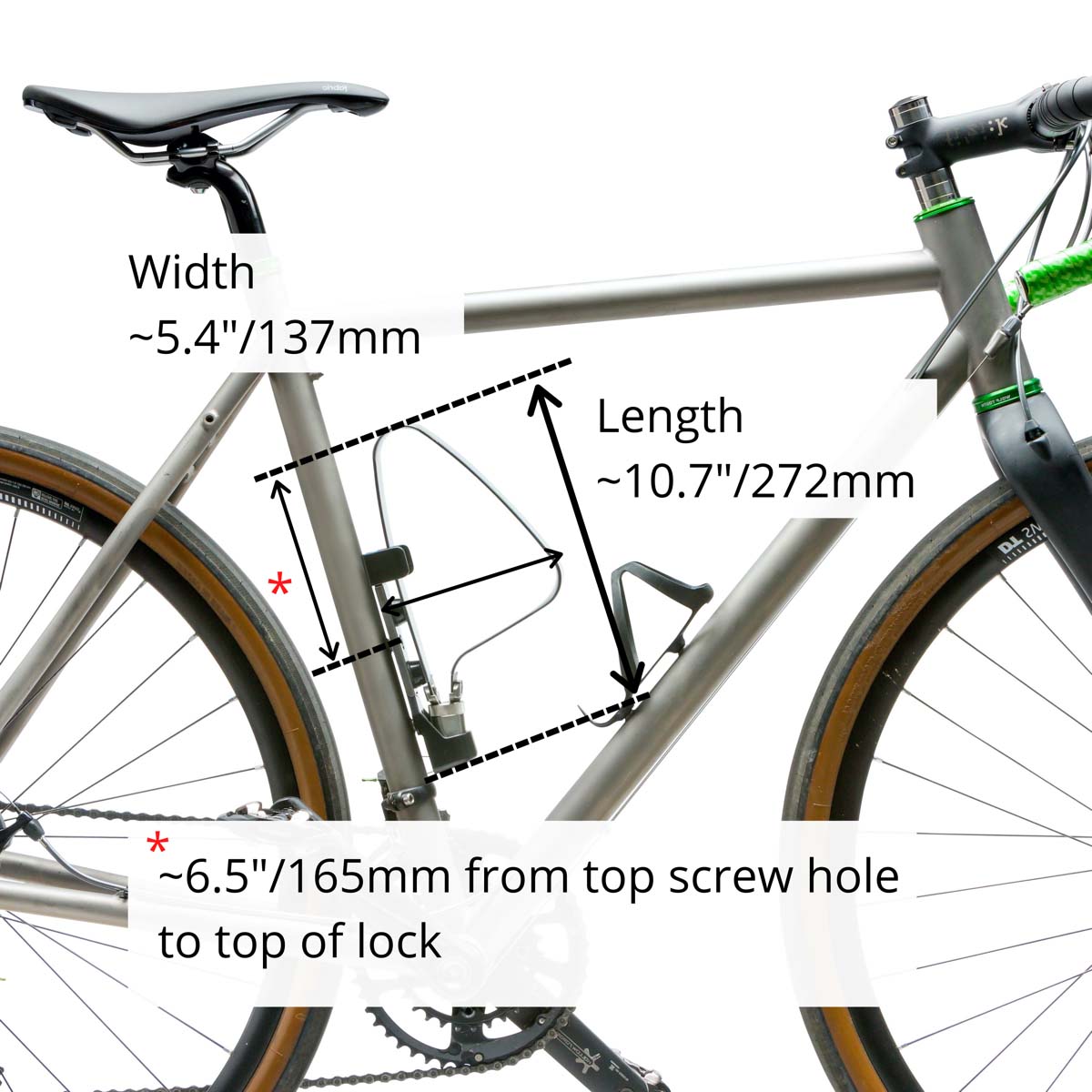 Width ~5.4"/137mm, Length ~10.7"/272mm, ~6.5"/165mm from top screw hoole to top of lock.