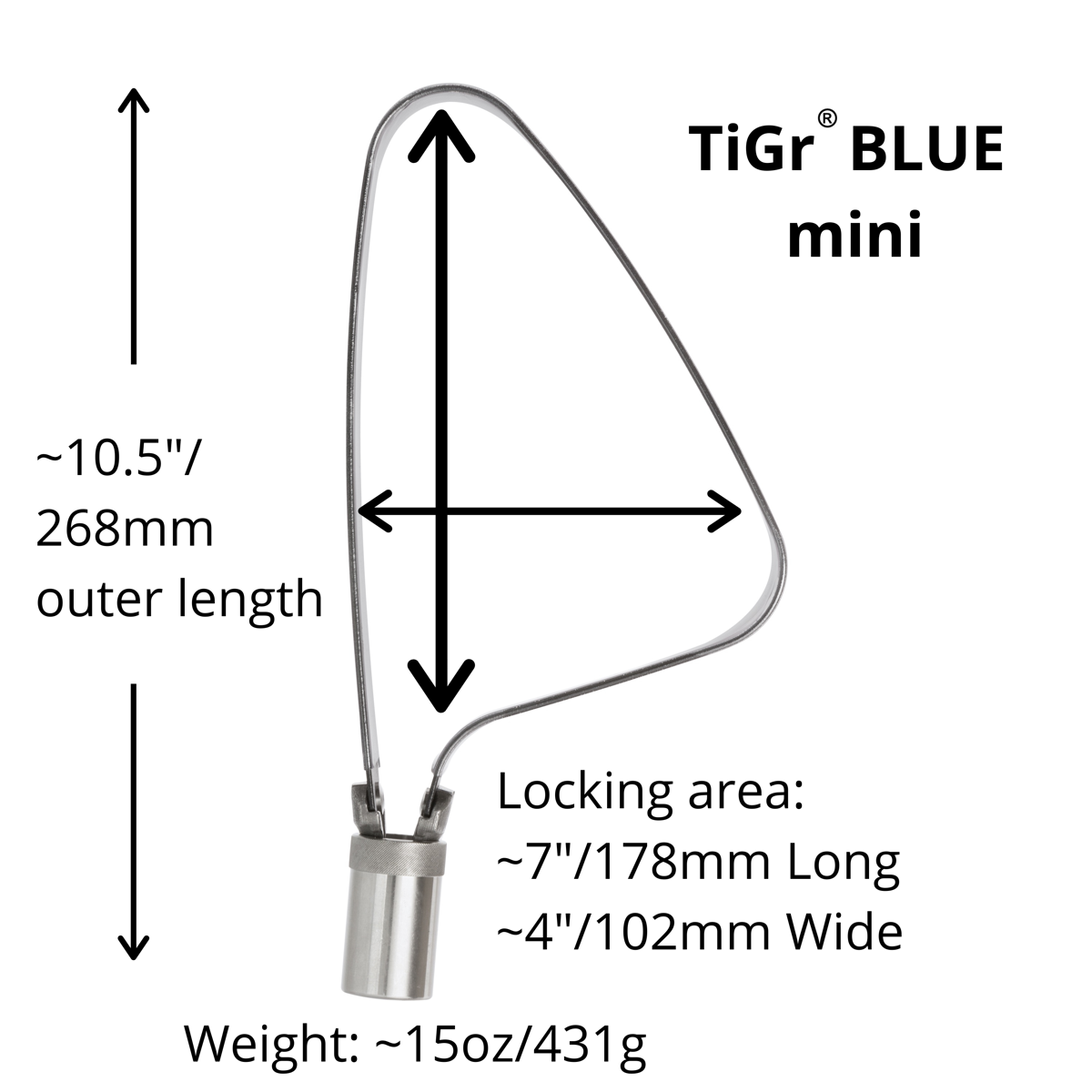 ~10.5"/268mm outer length, Locking area: ~7"/178mm long, ~4/102mm Wide. Weight: ~15oz/431g
