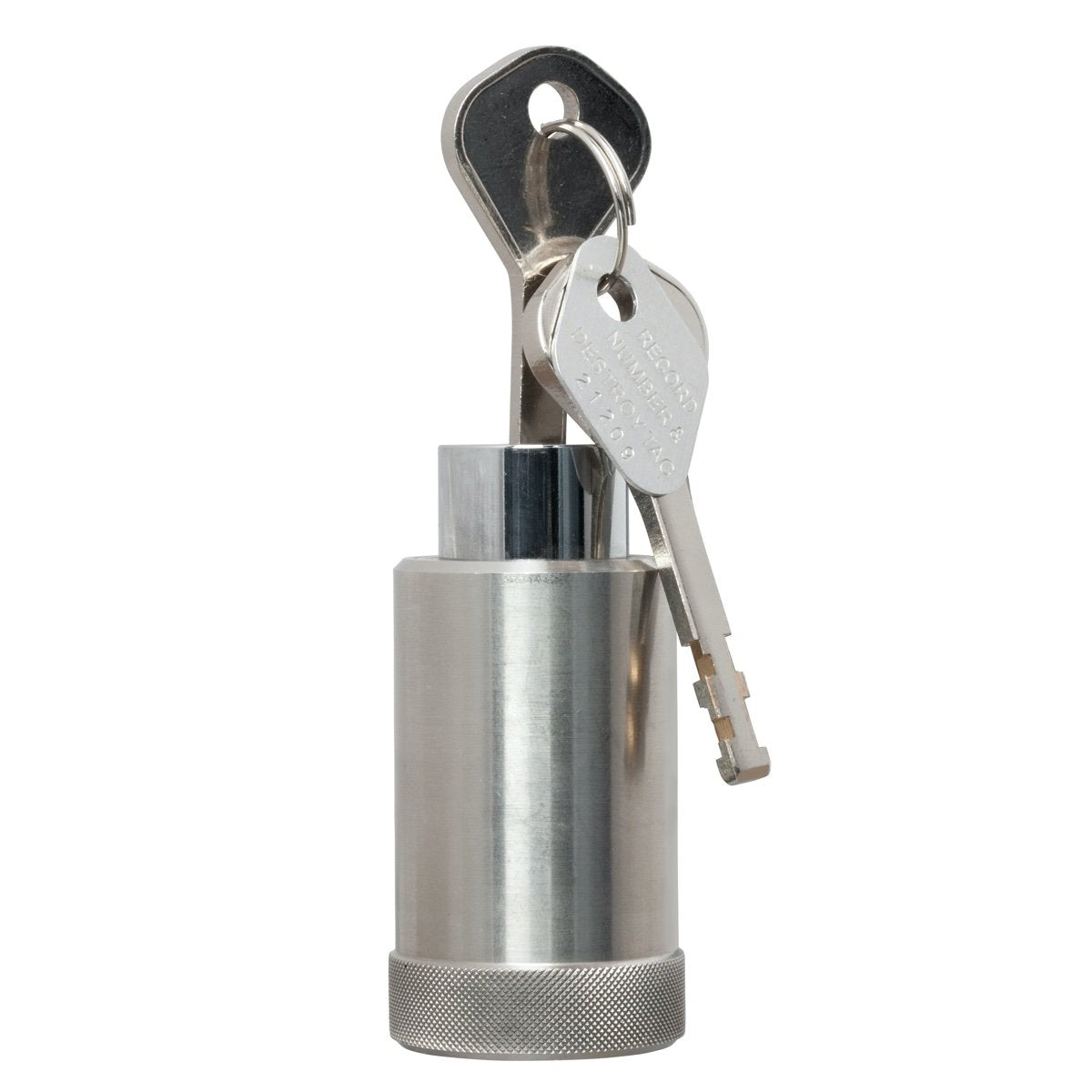 Close up view of TiGr BLUE Mini lock keys in lock on white background.