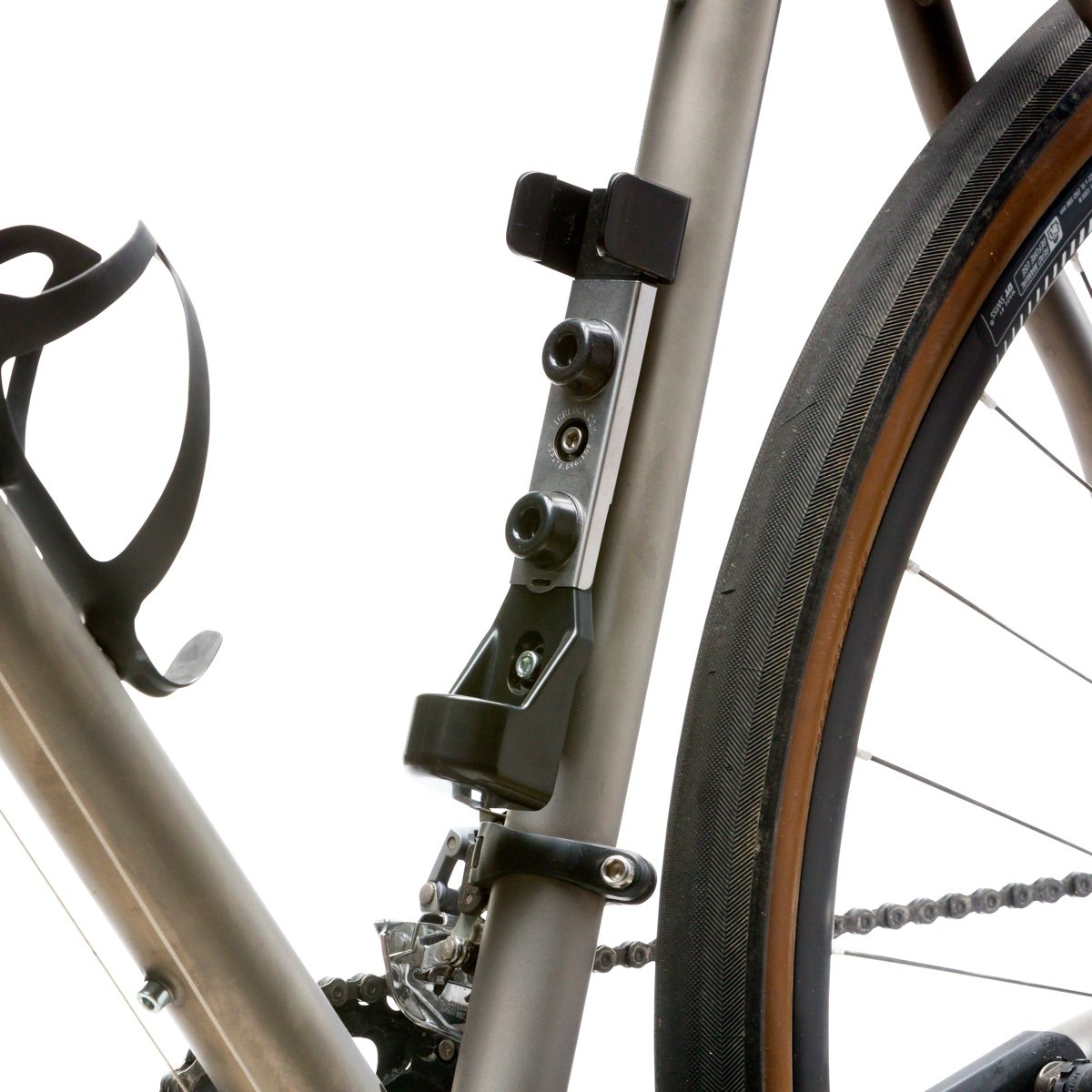 Close up view of TiGr BLUE Mini lock mounted on bike on white background.