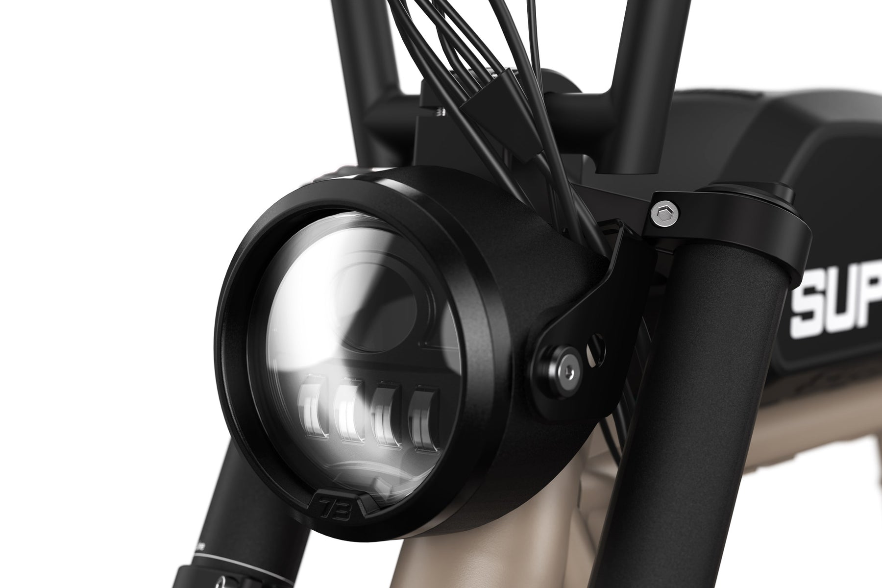 Closeup view of R Brooklyn: Metallic Aluminum, Super73 ebike headlamp