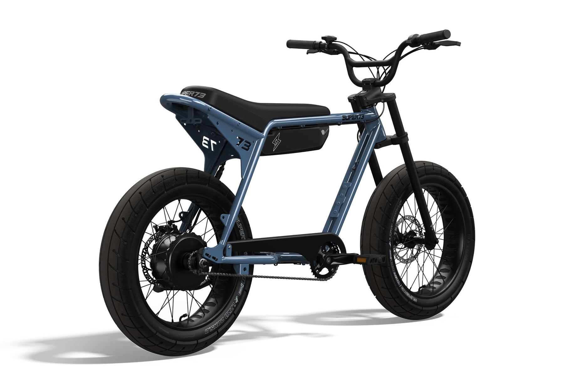 Rear 3/4 of ZX: Panthro Blue, Super73 ebike