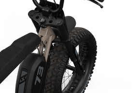 Closeup of Super73-S Adventure Sandstorm front suspension