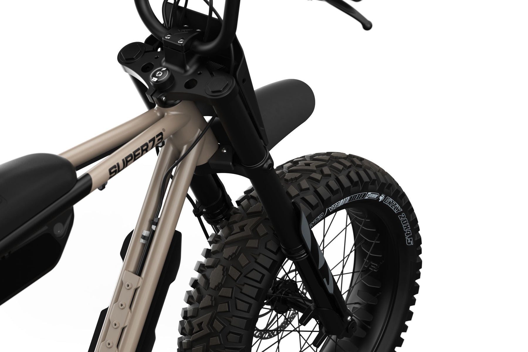 Closeup of Super73-Z Adventure Sandstorm front suspension