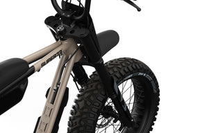 Closeup of Super73-Z Adventure Sandstorm front suspension