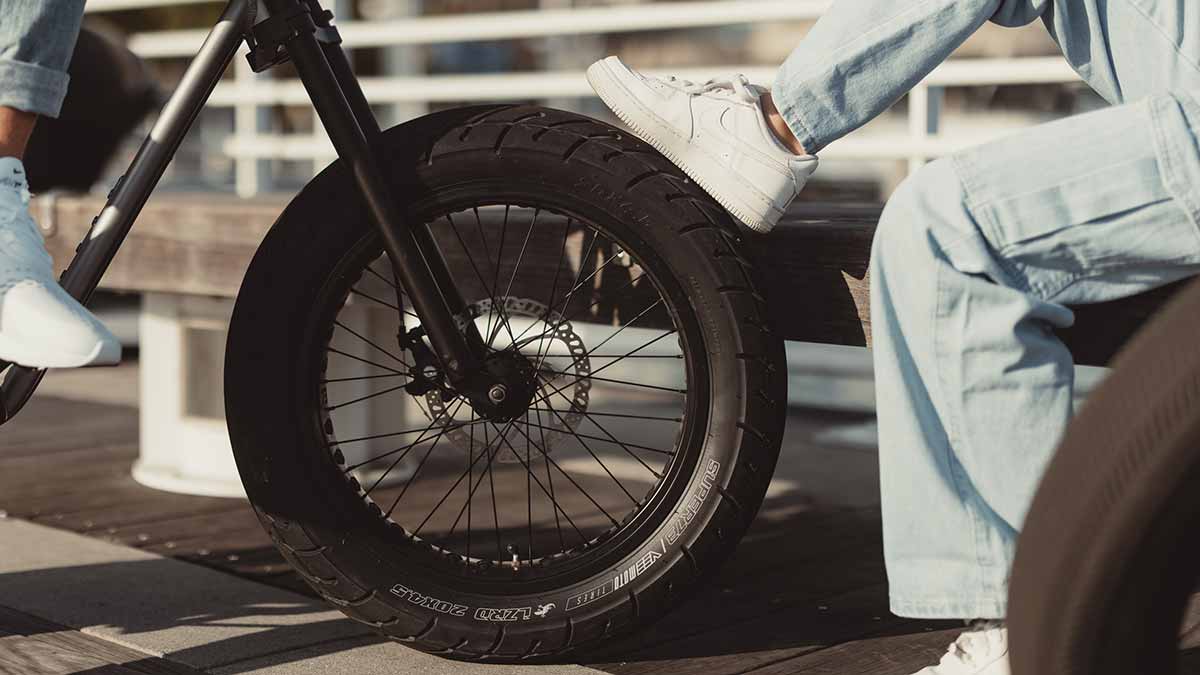 Closeup of the Super73 Z Miami ebike trooper tires showing the tread