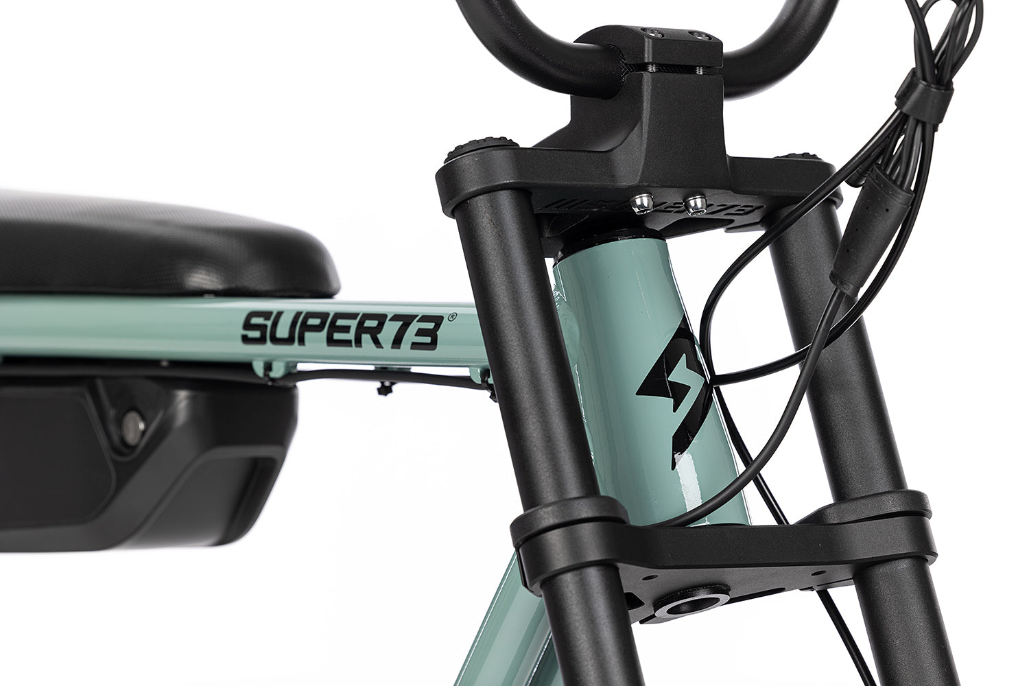 Front detail view of SUPER73-ZX frame head tube in Agave Green.